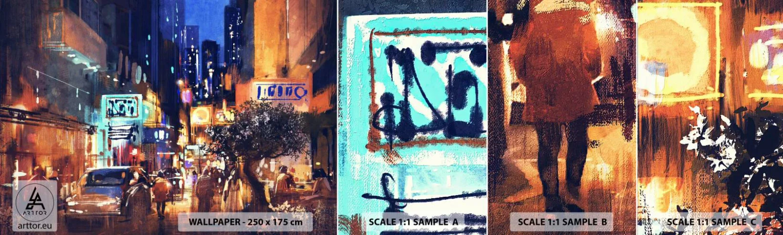 Échantillon de Papier Peint Autocollant Deluxe Sticker - Et la ville ne dort pas - Ville, Personnes, Architecture - 100x30 cm