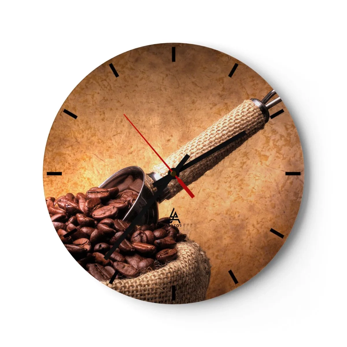 Horloge murale - Pendule murale - Grains de café dans un sac avec une tasse à mesurer sur un fond marron - 30x30cm - A la source de la saveur - Décoration murale moderne pour le salon, la cuisine et la chambre ARTTOR