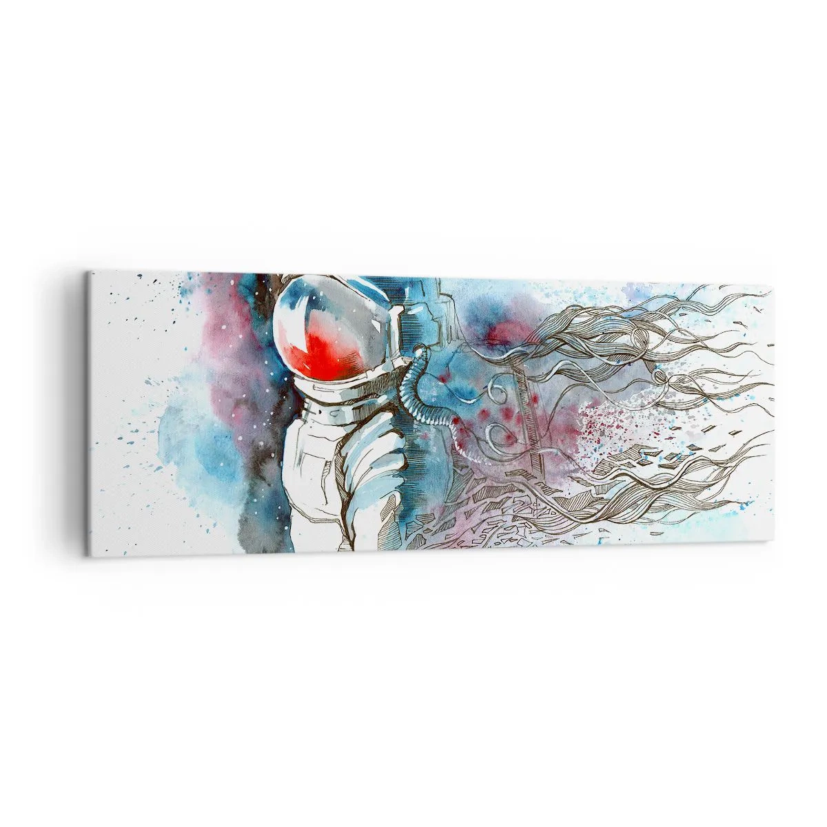 Impression sur toile - Image sur toile - Un cosmonaute dans une aquarelle dynamique avec des détails cosmiques - 140x50cm - Seul avec l'espace - Décoration murale moderne pour le salon et la chambre ARTTOR