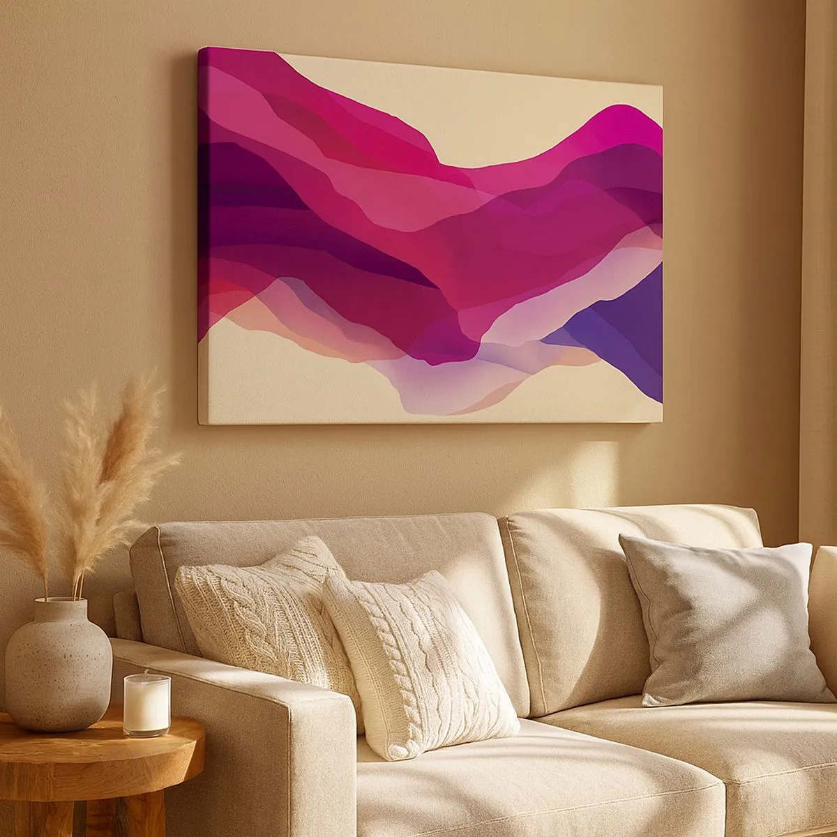 Impression sur toile - Image sur toile - Vagues abstraites dans des tons violets et roses sur un fond clair - 70x50cm - Vagues pourpre - Décoration murale moderne pour le salon et la chambre ARTTOR