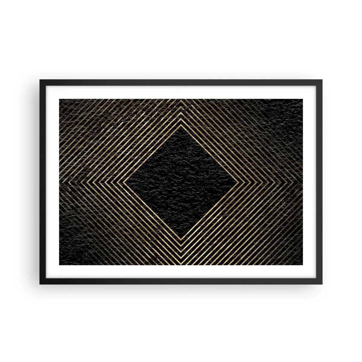 Affiche dans un cadre noir - Poster - Fond noir avec un motif géométrique de lignes dorées - 70x50cm - Géométrie dans un style glamour - Décoration murale moderne pour le salon et la chambre ARTTOR