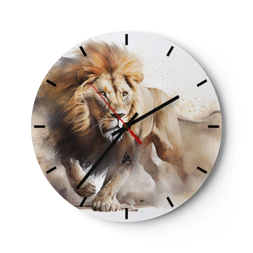 Horloge murale - Pendule murale - Plan dynamique d'un lion en mouvement sur fond blanc avec un effet de poussière. - 30x30cm - Le roi bougea - Décoration murale moderne pour le salon, la cuisine et la chambre ARTTOR