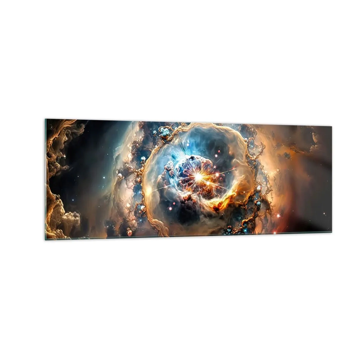 Impression sur verre - Image sur verre - Une vision abstraite d'une explosion cosmique dans des tons d'or et de bleu. - 140x50cm - Le début - Décoration murale moderne pour le salon et la chambre ARTTOR