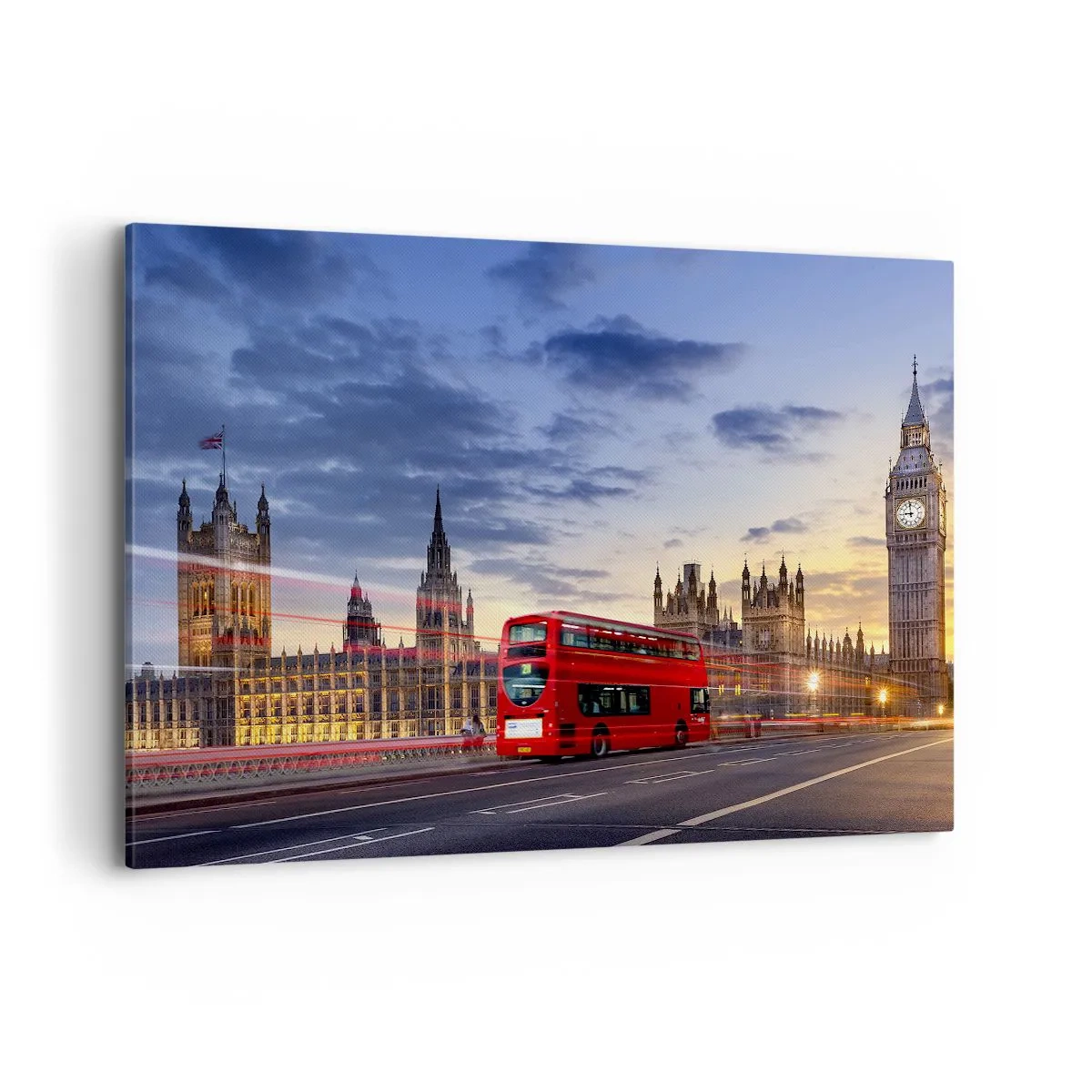 Impression sur toile - Image sur toile - Un bus rouge avec Big Ben et les Chambres du Parlement en arrière-plan au crépuscule. - 100x70cm - Caractères spéciaux - Décoration murale moderne pour le salon et la chambre ARTTOR