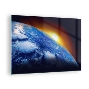 Impression sur verre - Image sur verre - La Terre dans l'espace illuminée par les rayons du soleil - 70x50cm - Lever de soleil sur la planète bleue - Décoration murale moderne pour le salon et la chambre ARTTOR