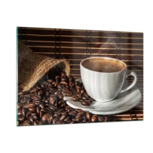Impression sur verre - Image sur verre - Une tasse de café avec des grains sur un fond rustique - 120x80cm - La noirceur du charbon, la clarté de l'ambre - Décoration murale moderne pour le salon et la chambre ARTTOR