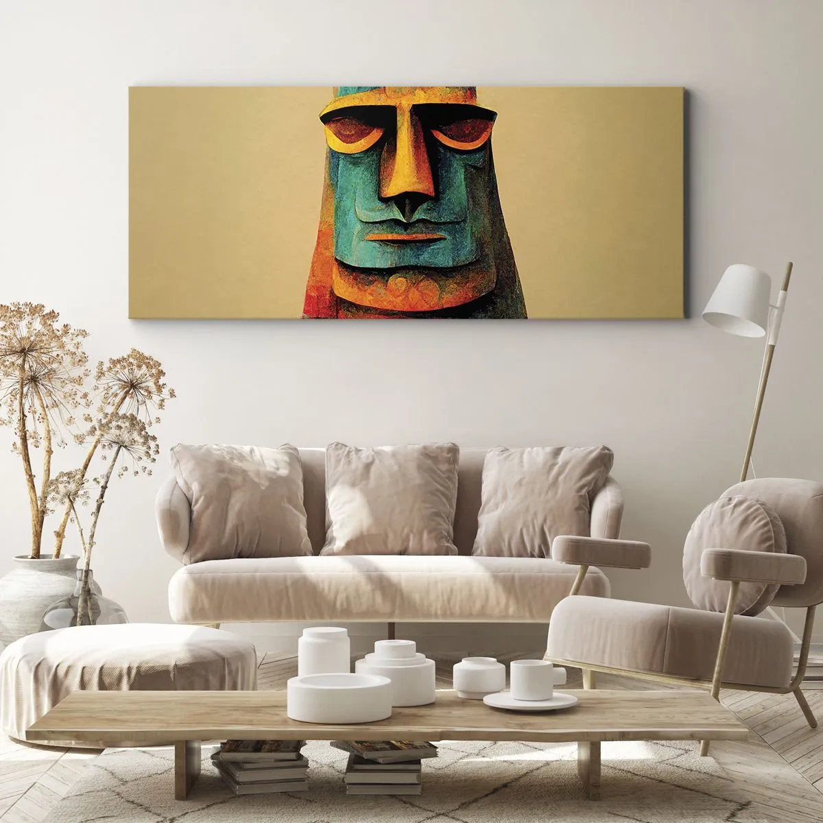 Impression sur toile - Image sur toile - Statue colorée de l'île de Pâques - 140x50cm - Statuesque et sympathique - Décoration murale moderne pour le salon et la chambre ARTTOR