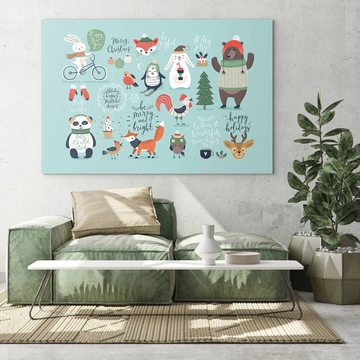 Impression sur verre - Image sur verre - Illustrations d'animaux de Noël sur fond pastel - 70x50cm - Que ce soit toujours Noël ! - Décoration murale moderne pour le salon et la chambre ARTTOR