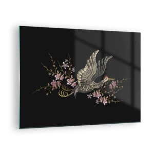 Impression sur verre - Image sur verre - Oiseau brodé en vol avec des fleurs en arrière-plan sur un fond sombre - 70x50cm - Oiseau brodé exotique - Décoration murale moderne pour le salon et la chambre ARTTOR