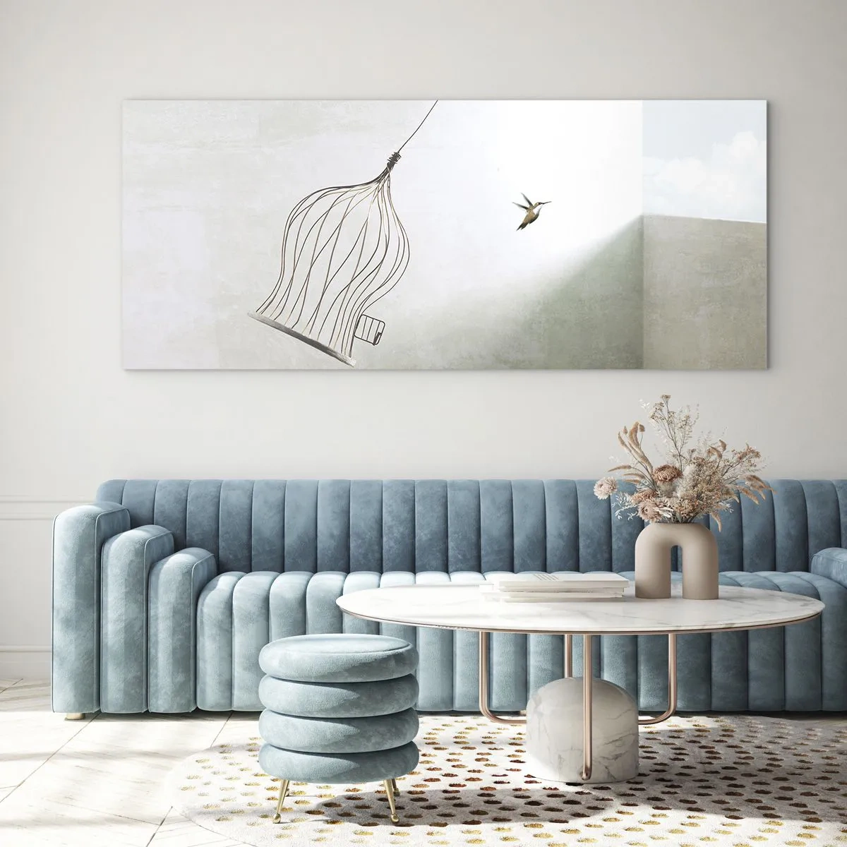 Impression sur verre - Image sur verre - Un oiseau libéré d'une cage sur fond de ciel lumineux - 160x50cm - Dans son élément - Décoration murale moderne pour le salon et la chambre ARTTOR