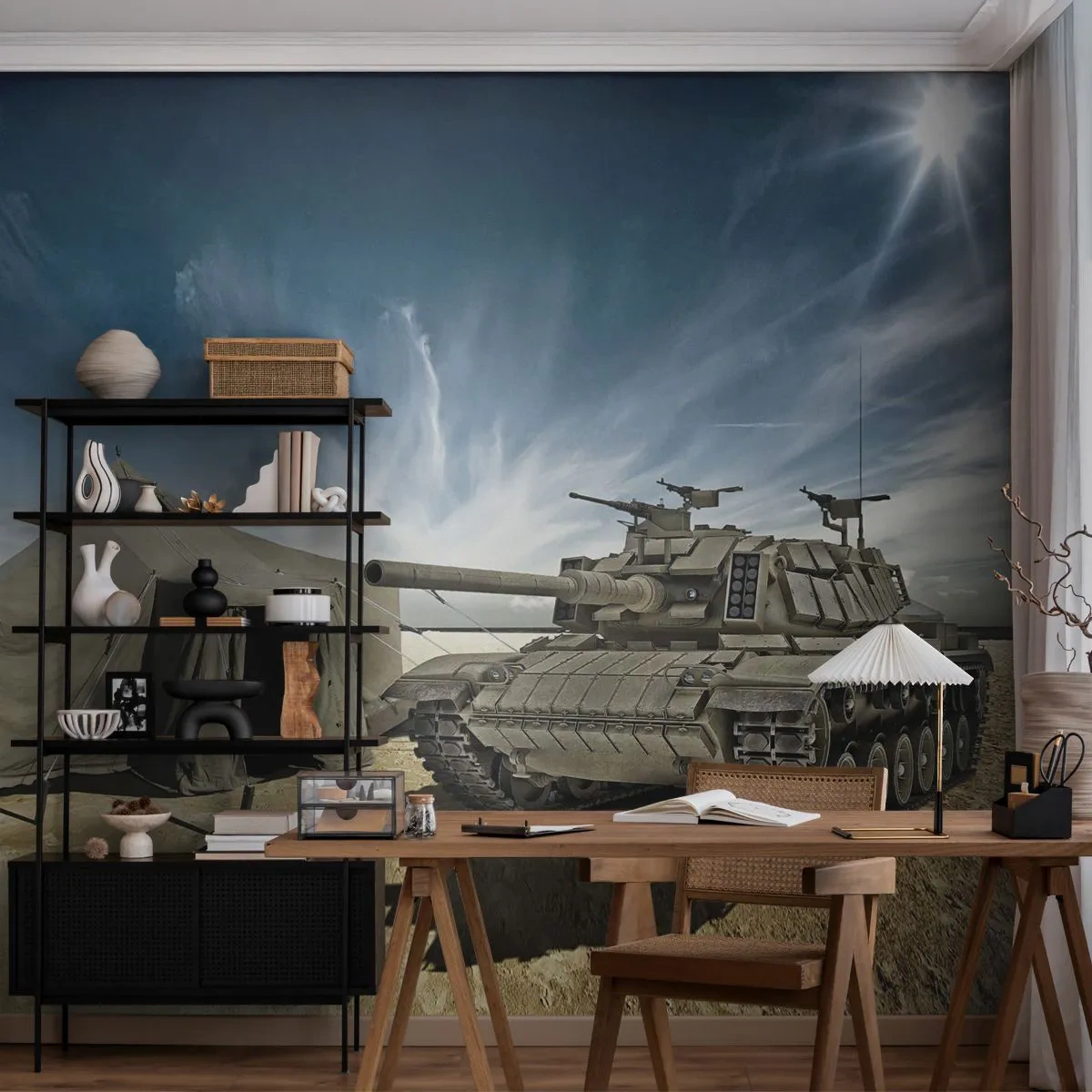 Papier Peint Photo Premium Sand - Un char à côté d'une tente militaire dans une zone désertique - 100x70cm - Un rêve militaire - Décoration murale moderne pour le salon et la chambre ARTTOR