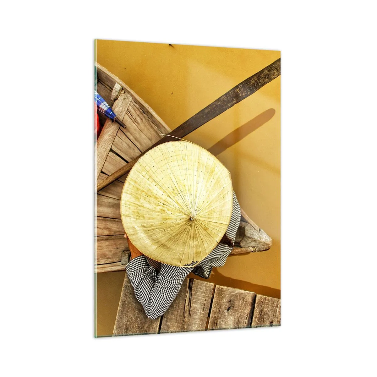 Impression sur verre - Image sur verre - Vue de dessus d'un bateau et d'une personne portant un chapeau conique - 50x70cm - La vie sur le fleuve Jaune - Décoration murale moderne pour le salon et la chambre ARTTOR