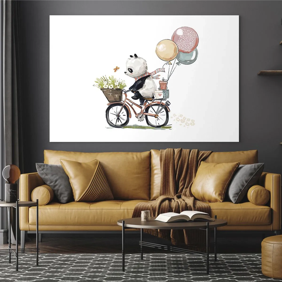 Impression sur verre - Image sur verre - Un panda faisant du vélo avec des ballons et un panier de fleurs. - 70x50cm - Jour de chance - Décoration murale moderne pour le salon et la chambre ARTTOR