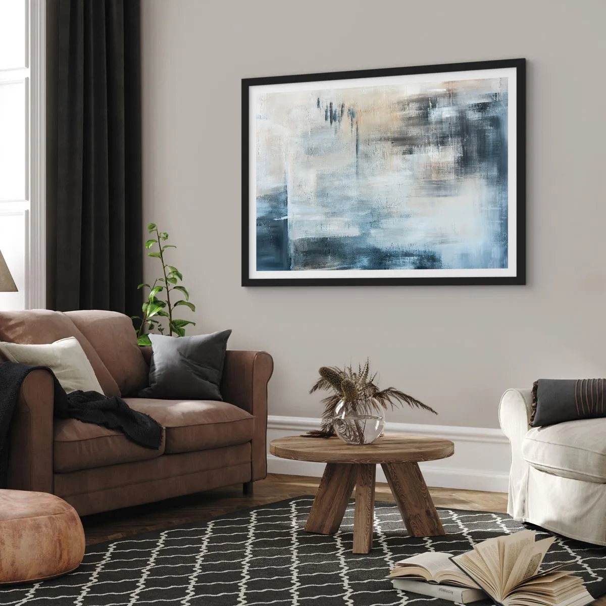 Affiche dans un cadre noir - Poster - Composition abstraite dans les tons de bleu et de gris - 100x70cm - Derrière le rideau bleu - Décoration murale moderne pour le salon et la chambre ARTTOR