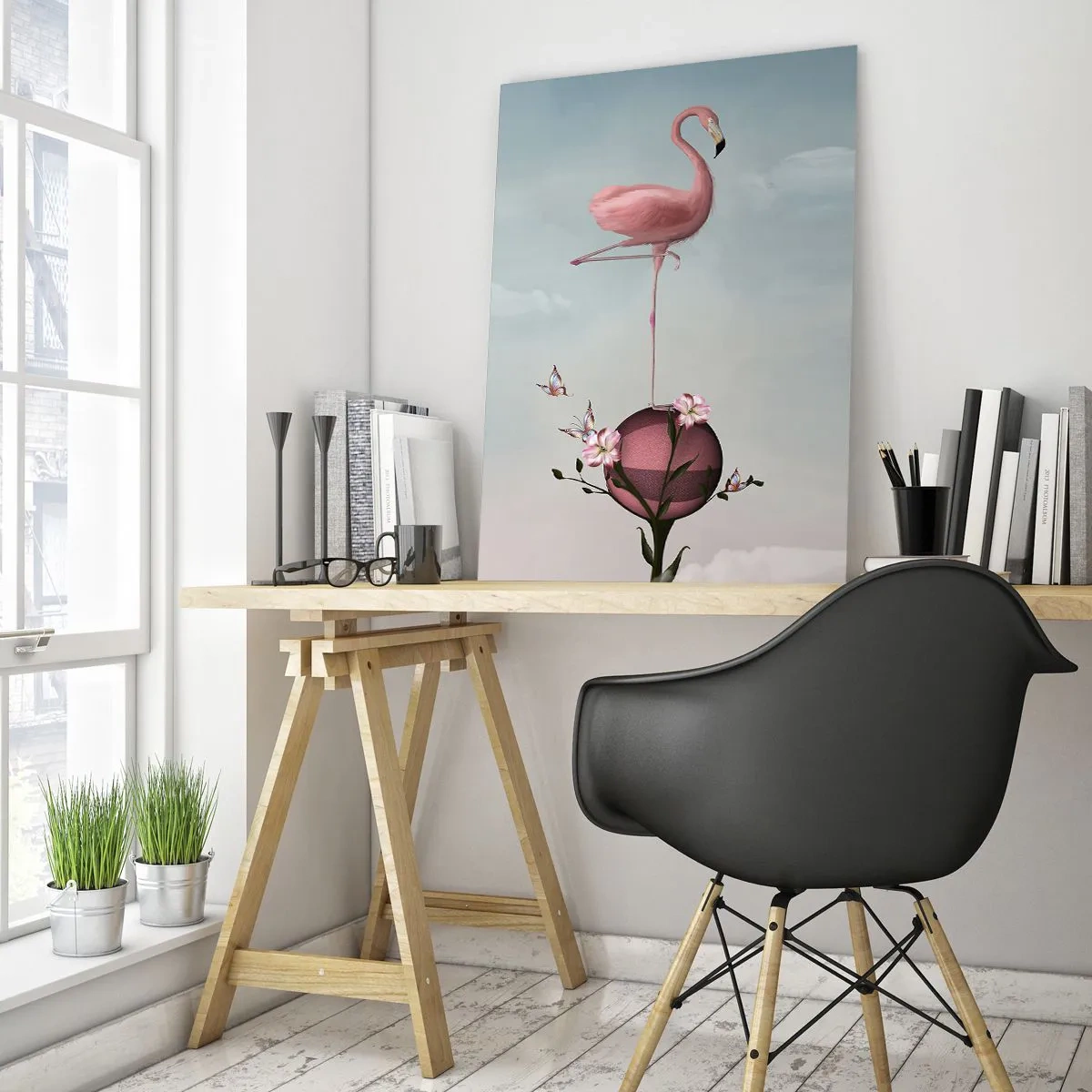 Impression sur verre - Image sur verre - Un flamant rose en équilibre sur une boule de fleurs - 70x100cm - Allégorie du basket-ball - Décoration murale moderne pour le salon et la chambre ARTTOR