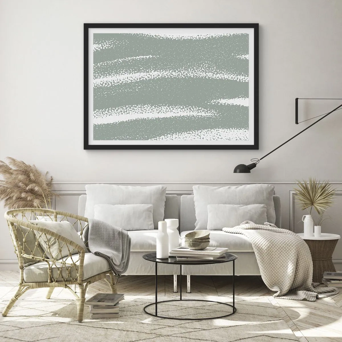 Affiche dans un cadre noir - Poster - Vagues d'hiver dans les tons menthe et blanc - 100x70cm - Abstraction dans un climat hivernal - Décoration murale moderne pour le salon et la chambre ARTTOR