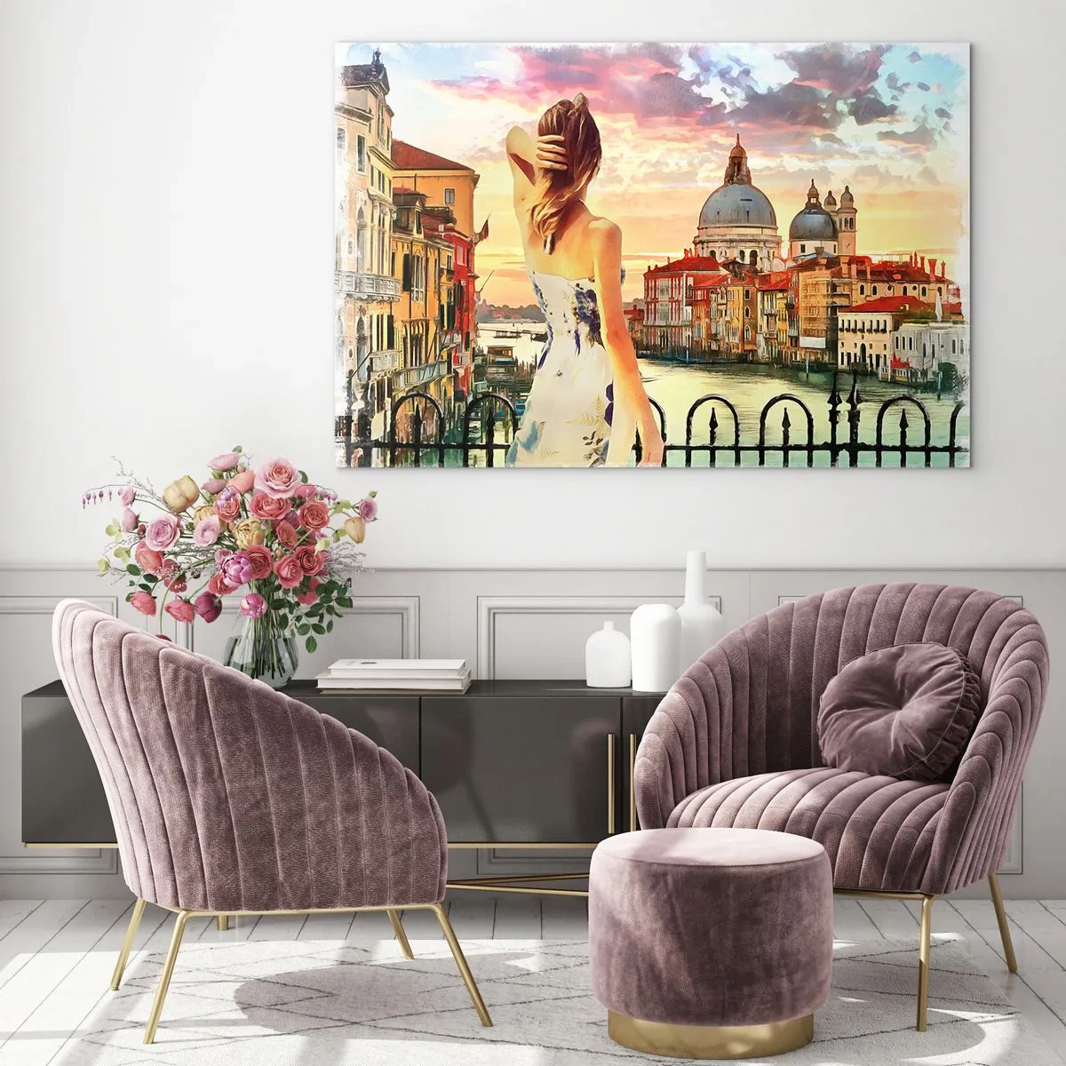 Impression sur verre - Image sur verre - Une femme admire la vue de Venise au coucher du soleil. - 120x80cm - Pour une aventure c'est uniquement dans ... - Décoration murale moderne pour le salon et la chambre ARTTOR
