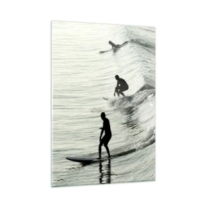 Impression sur verre - Image sur verre - Trois surfeurs surfant sur les vagues le matin - 50x70cm - A la rencontre de la vague - Décoration murale moderne pour le salon et la chambre ARTTOR