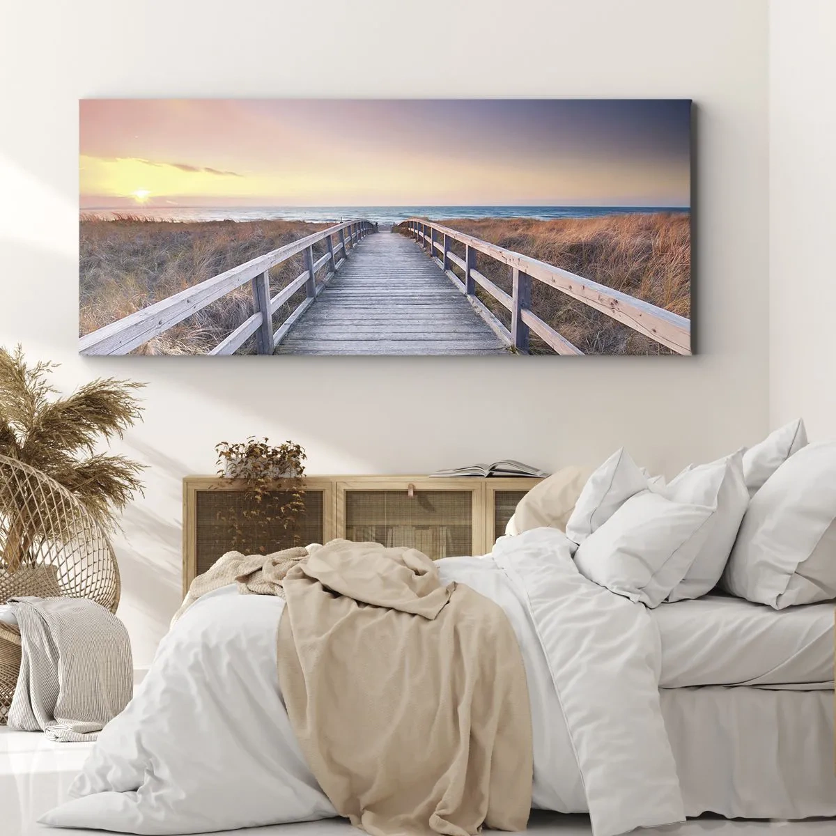 Impression sur toile - Image sur toile - Une jetée en bois menant à la plage au coucher du soleil avec le ciel peint de couleurs pastel. - 160x50cm - Aurore baltique du soir - Décoration murale moderne pour le salon et la chambre ARTTOR
