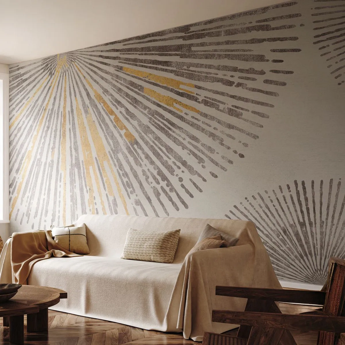 Papier Peint Photo Premium Sand - Rayons dans un style graphique dans les tons or et gris - 100x70cm - La beauté du rayon - Décoration murale moderne pour le salon et la chambre ARTTOR
