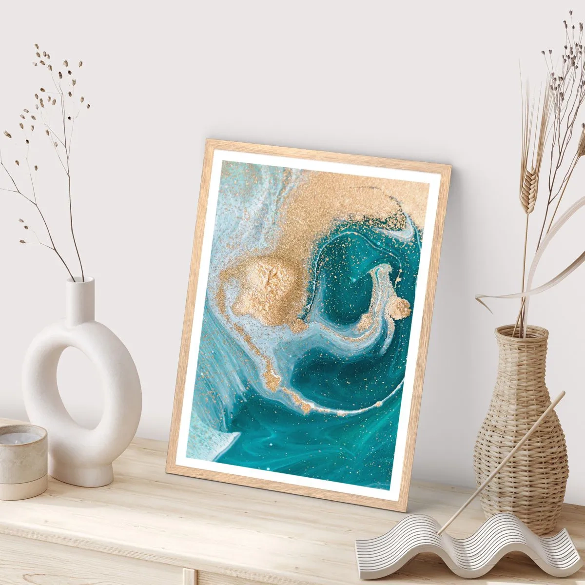 Affiche dans un chêne clair - Poster - Tourbillon d'or et de turquoise - 50x70 cm