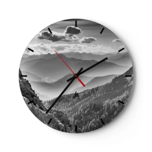 Horloge murale - Pendule murale - Paysage de montagne noir et blanc avec des couches de brouillard et de nuages - 30x30cm - Jusqu'à l'horizon - Décoration murale moderne pour le salon, la cuisine et la chambre ARTTOR