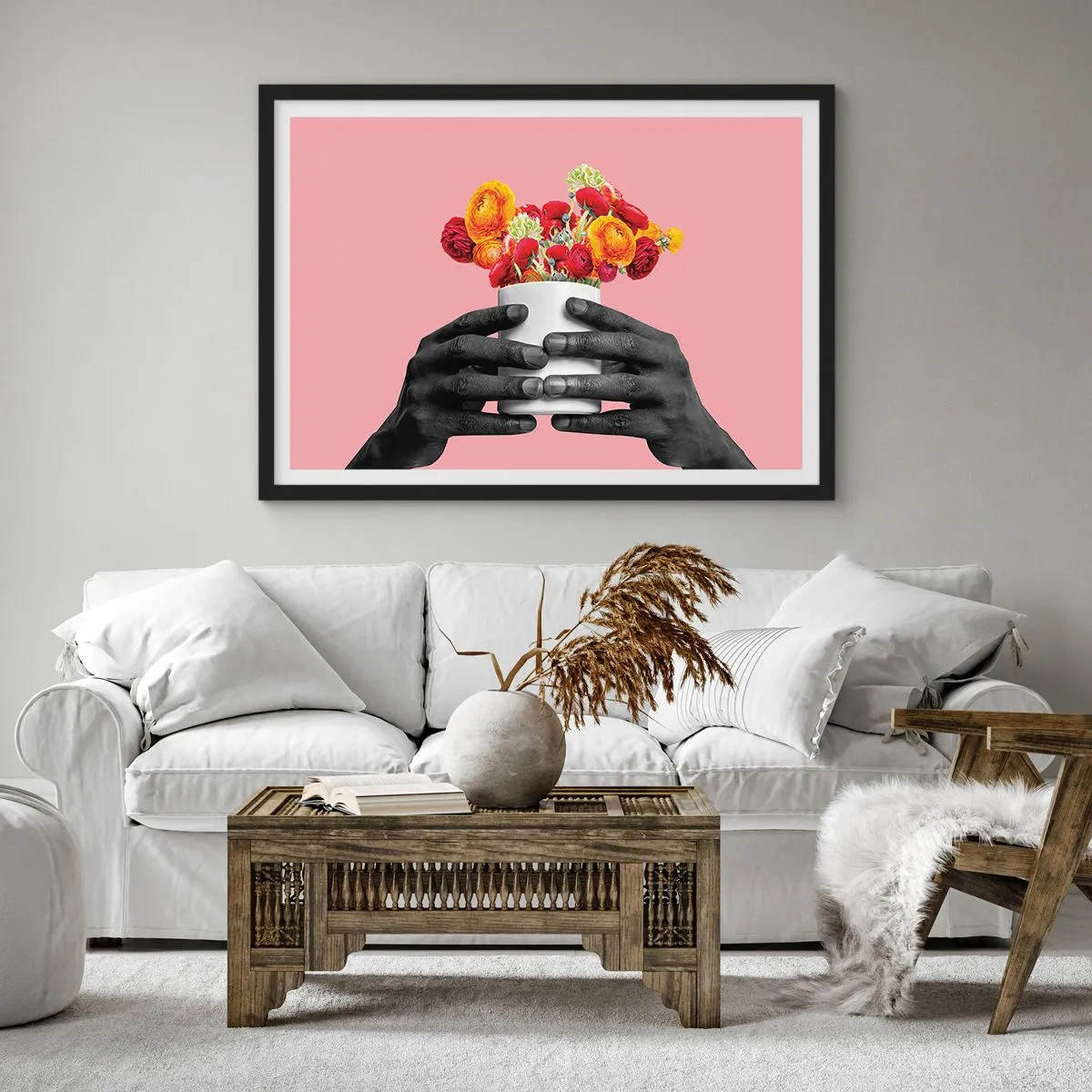 Affiche dans un cadre noir - Poster - Mains tenant un bouquet de fleurs colorées - 70x50cm - Apothéose de la vie - Décoration murale moderne pour le salon et la chambre ARTTOR