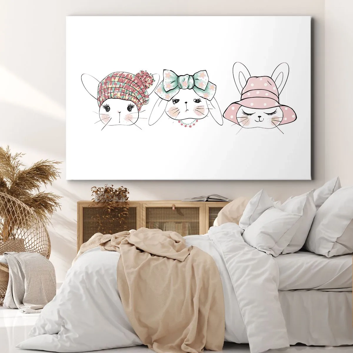 Impression sur toile - Image sur toile - Adorables lapins portant des coiffes pastel - 100x70cm - Pensif, triste, satisfait - Décoration murale moderne pour le salon et la chambre ARTTOR