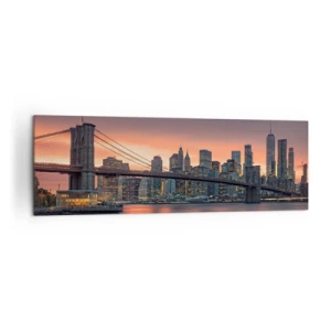 Impression sur toile - Image sur toile - Panorama nocturne de la ville avec un pont et un ciel illuminé - 160x50cm - Immergé dans le silence lilas - Décoration murale moderne pour le salon et la chambre ARTTOR