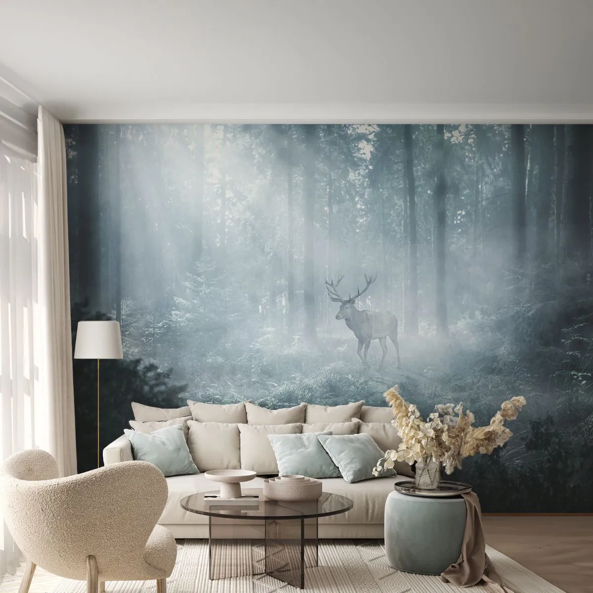 Papier Peint Photo Premium Sand - Un cerf majestueux dans une forêt mystérieuse enveloppée de brouillard - 100x70cm - Visite matinale du domaine - Décoration murale moderne pour le salon et la chambre ARTTOR