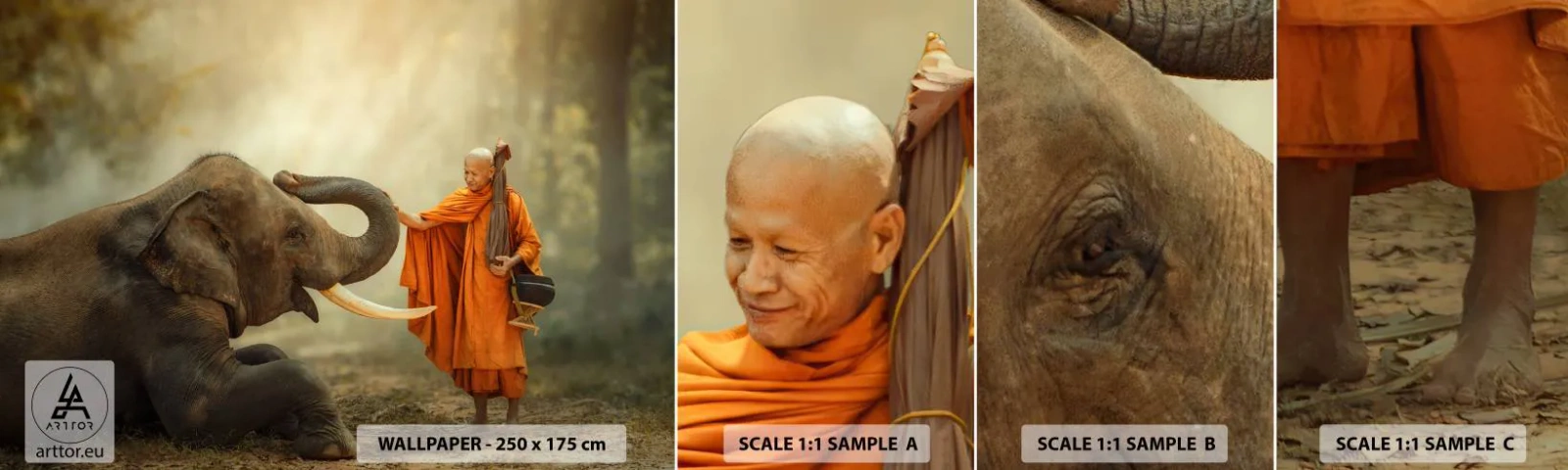 Échantillon de Papier Peint Autocollant Deluxe Sticker - Rencontre en voyageant - Asie, Éléphant, Moine - 100x30 cm