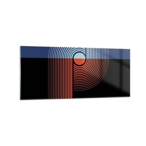 Impression sur verre - Image sur verre - Abstraction géométrique avec des lignes bleu marine et orange. - 120x50cm - Dans une étreinte géométrique - Décoration murale moderne pour le salon et la chambre ARTTOR