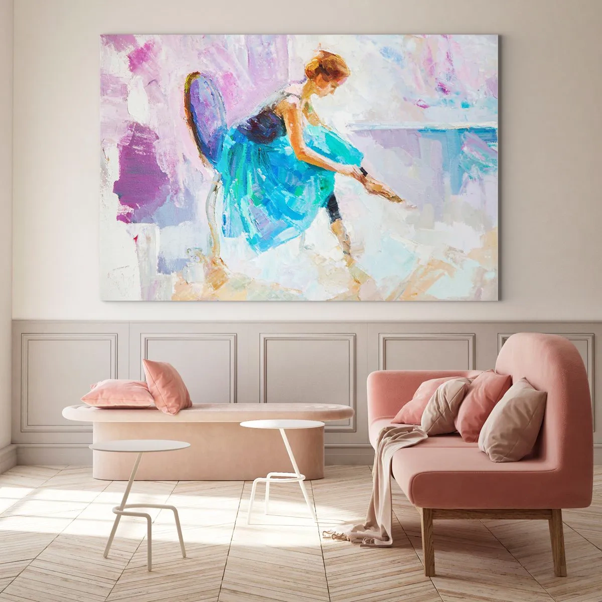 Impression sur verre - Image sur verre - Une ballerine en robe bleue sur fond impressionniste - 70x50cm - Grâce ineffable, charme subtil - Décoration murale moderne pour le salon et la chambre ARTTOR