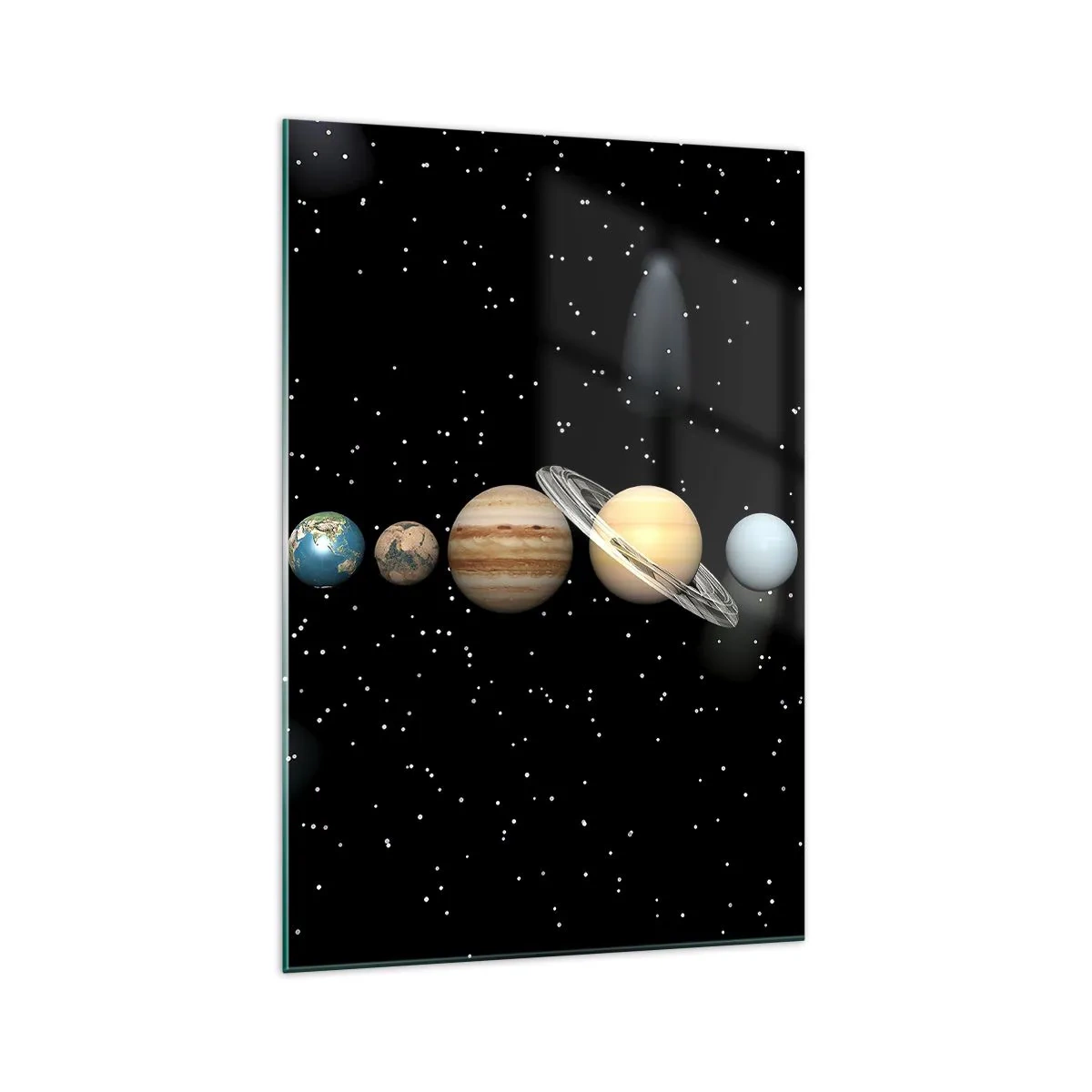 Impression sur verre - Image sur verre - Le système solaire avec des planètes sur fond d'étoiles dans l'espace - 70x100cm - Et les planètes sont folles, sont folles... - Décoration murale moderne pour le salon et la chambre ARTTOR