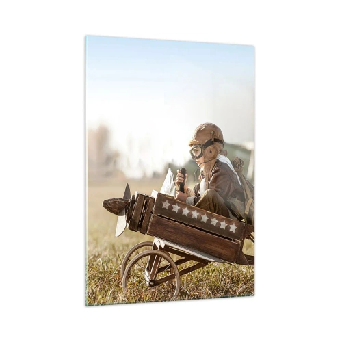 Impression sur verre - Image sur verre - Un enfant dans un avion en bois, faisant semblant d'être un pilote, portant des vêtements d'aviateur. - 50x70cm - Départ vers un rêve - Décoration murale moderne pour le salon et la chambre ARTTOR