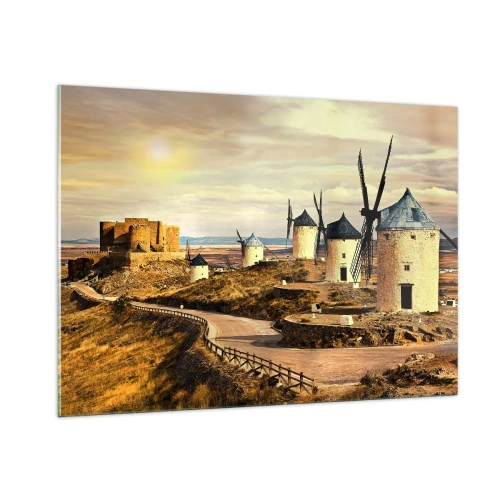 Impression sur verre - Image sur verre - Moulins à vent et château dans le paysage au coucher du soleil - 100x70cm - Don Quichotte est sur le point d'arriver - Décoration murale moderne pour le salon et la chambre ARTTOR