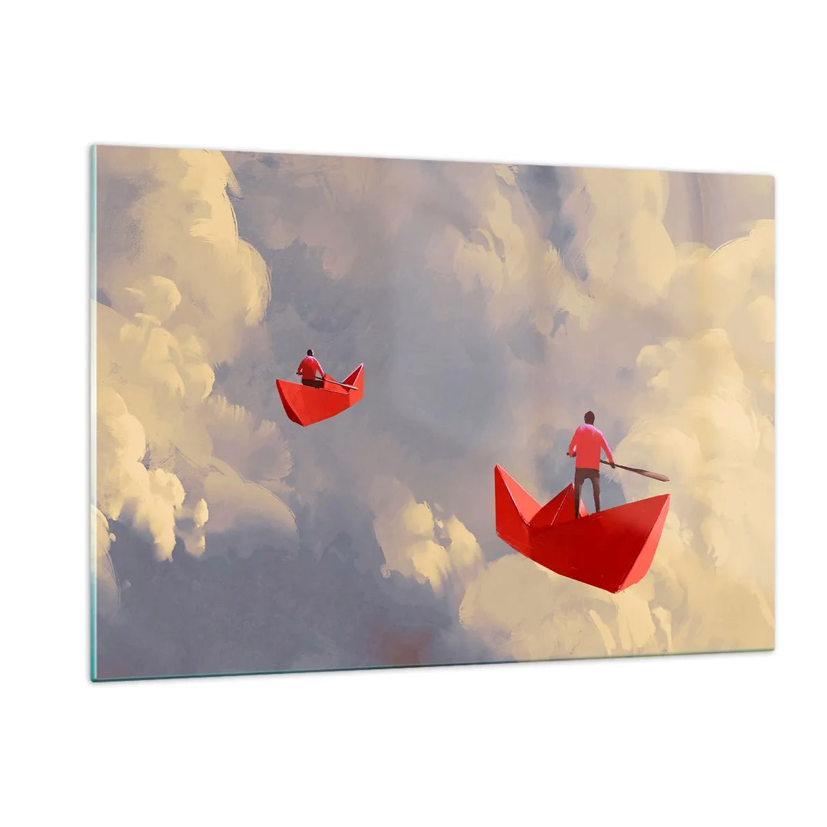 Impression sur verre - Image sur verre - Deux personnes dans des bateaux rouges contre un ciel nuageux - 120x80cm - Expédition des Rêveurs - Décoration murale moderne pour le salon et la chambre ARTTOR