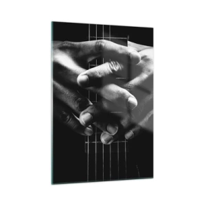 Impression sur verre - Image sur verre - Mains jointes posées sur le manche de la guitare en noir et blanc - 50x70cm - Prière d'artiste - Décoration murale moderne pour le salon et la chambre ARTTOR