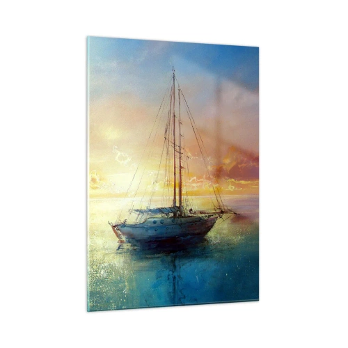 Impression sur verre - Image sur verre - Un voilier sur une mer calme au coucher du soleil doré - 50x70cm - Dans une baie dorée - Décoration murale moderne pour le salon et la chambre ARTTOR