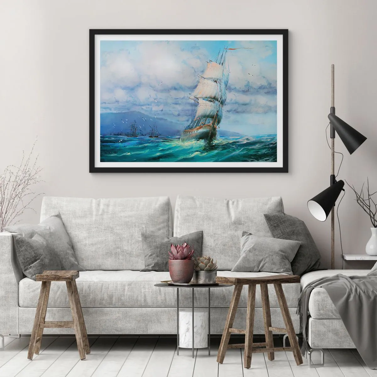Affiche dans un cadre noir - Poster - Un navire sur une mer agitée - 70x50cm - Vents favorables - Décoration murale moderne pour le salon et la chambre ARTTOR