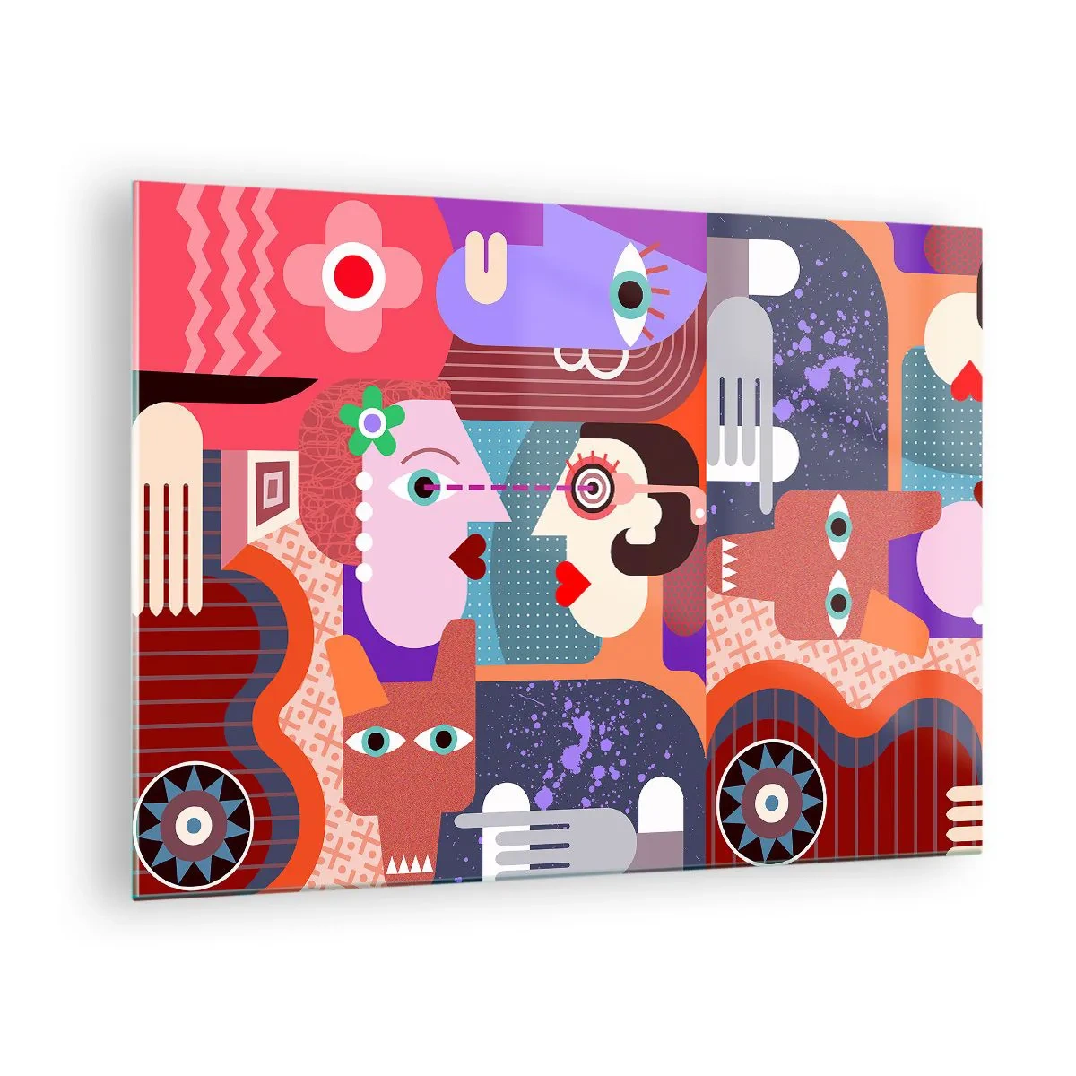 Impression sur verre - Image sur verre - Une composition abstraite de visages et de formes aux couleurs intenses. - 70x50cm - Les yeux dans les yeux - Décoration murale moderne pour le salon et la chambre ARTTOR