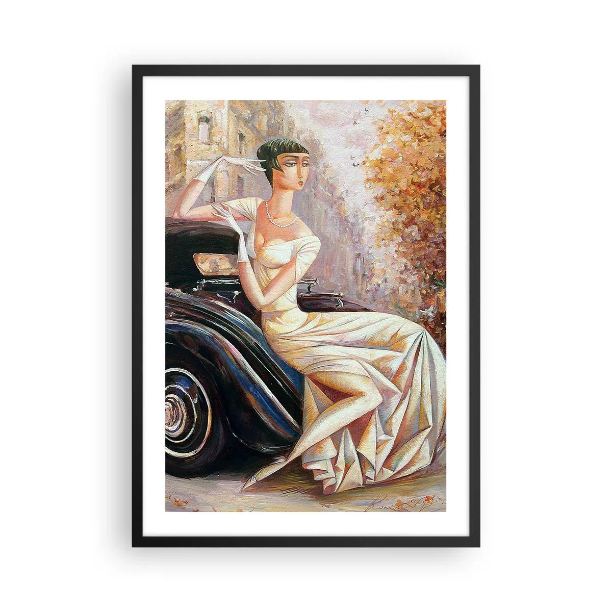 Affiche dans un cadre noir - Poster - Femme élégante à côté d'une voiture rétro dans un style pictural - 50x70cm - L'élégance dans un style rétro - Décoration murale moderne pour le salon et la chambre ARTTOR