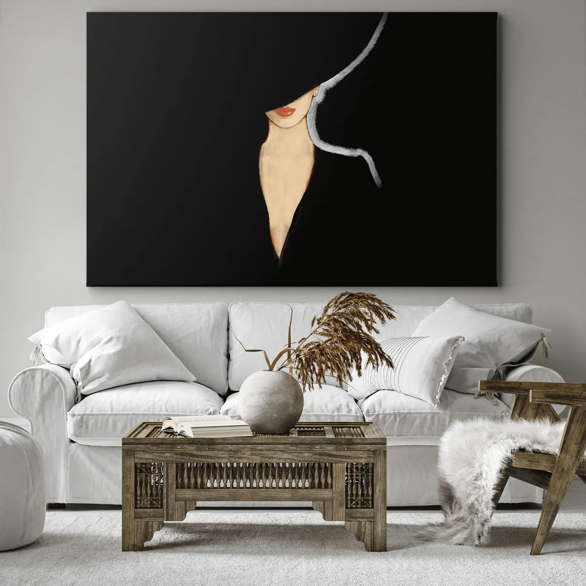 Impression sur toile - Image sur toile - Silhouette d'une femme au chapeau sur fond noir - 100x70cm - Élégance et style - Décoration murale moderne pour le salon et la chambre ARTTOR