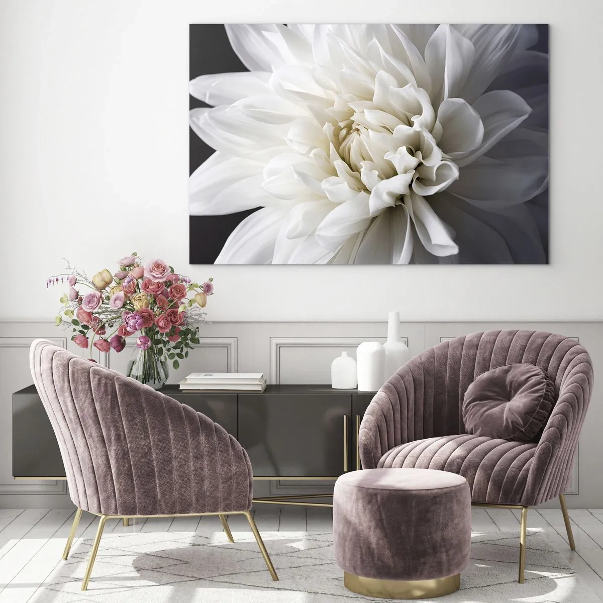 Impression sur verre - Image sur verre - Gros plan d'un dahlia blanc sur fond noir et gris - 100x70cm - Le matin de la jeune mariéé - Décoration murale moderne pour le salon et la chambre ARTTOR