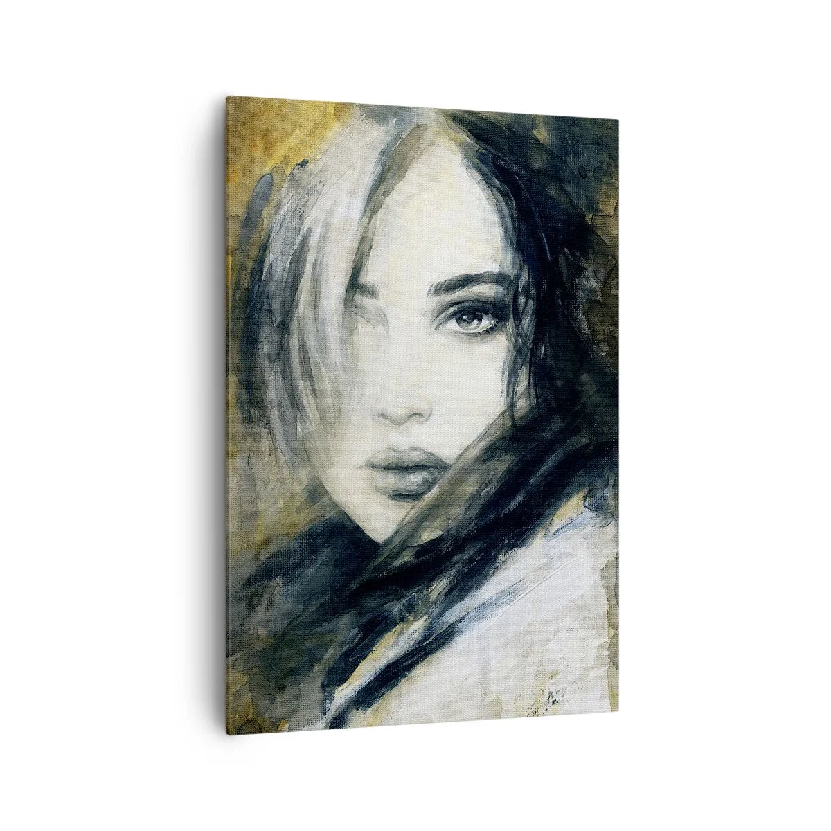 Impression sur toile - Image sur toile - Portrait d'une femme sur fond de taches abstraites dans les tons beiges - 70x100cm - plutôt innocente ou sensuelle ? - Décoration murale moderne pour le salon et la chambre ARTTOR