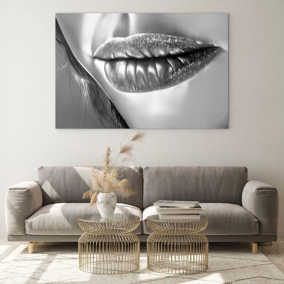 Impression sur verre - Image sur verre - Lèvres féminines sensuelles aux tons monochromes - 70x50cm - Je sais à quoi tu penses… - Décoration murale moderne pour le salon et la chambre ARTTOR