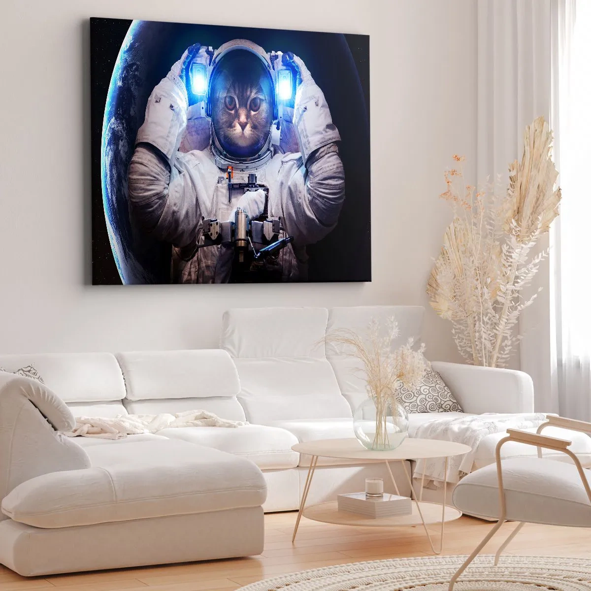 Impression sur toile - Image sur toile - Un chat dans une combinaison d'astronaute avec la Terre en arrière-plan et une lumière vive. - 120x80cm - Houston, vous avez un problème - Décoration murale moderne pour le salon et la chambre ARTTOR