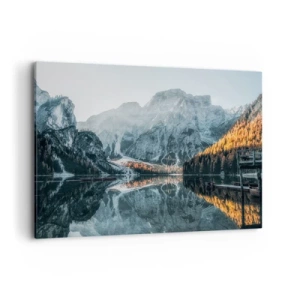 Impression sur toile - Image sur toile - Un paysage de montagne se reflétant dans la surface calme d'un lac - 120x80cm - Reflet de paysage - Décoration murale moderne pour le salon et la chambre ARTTOR