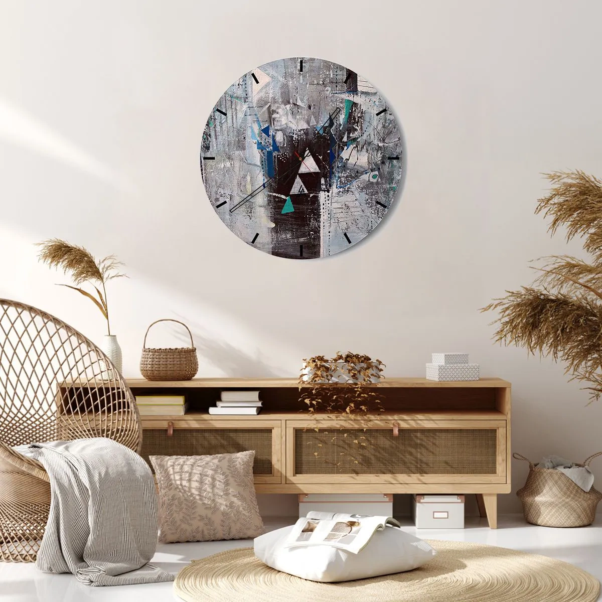 Horloge murale - Pendule murale - Une peinture abstraite dans les tons de gris et de bleu - 30x30cm - Ordre prioritaire des triangles - Décoration murale moderne pour le salon, la cuisine et la chambre ARTTOR