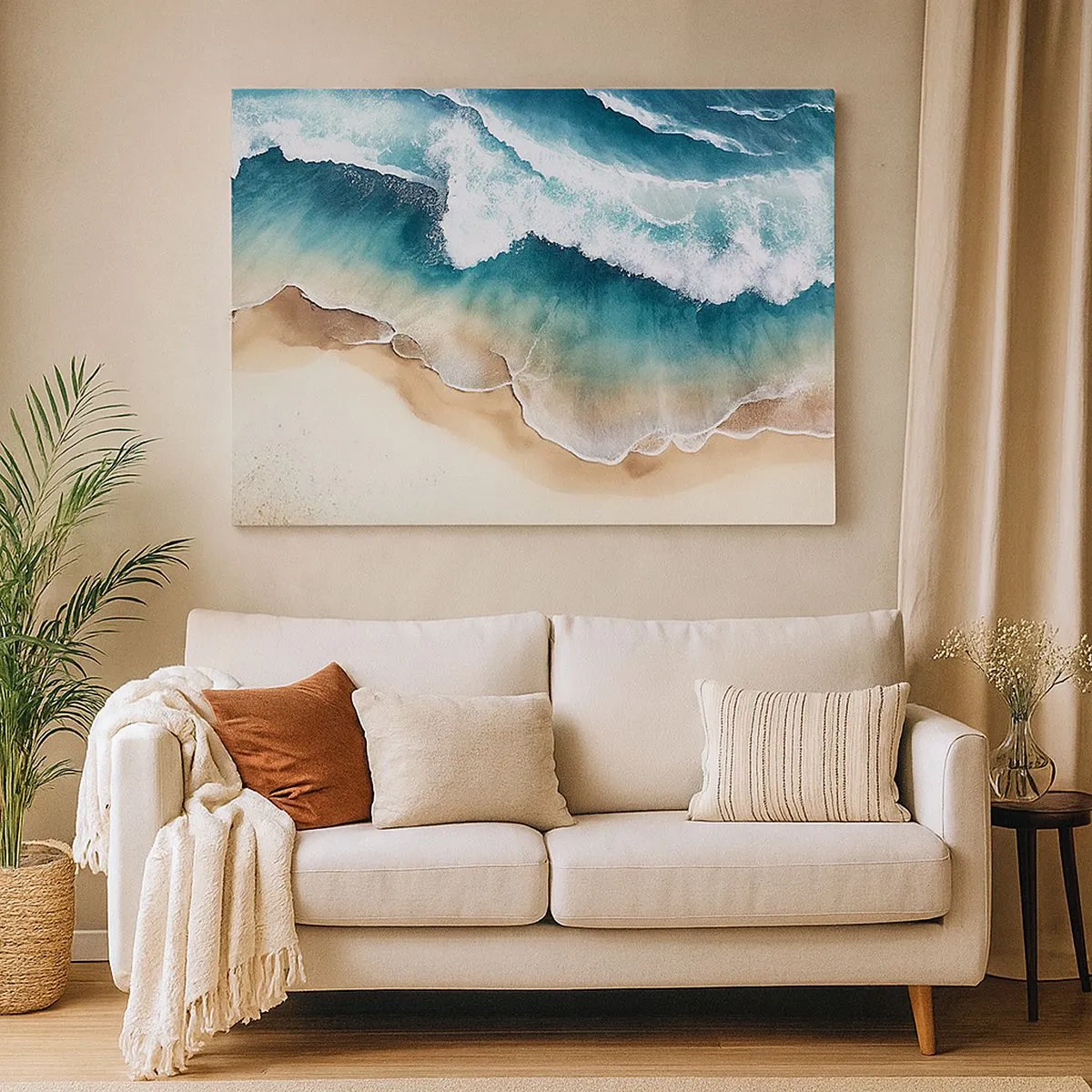 Impression sur toile - Image sur toile - Vue sur la plage et les vagues de la mer dans des tons turquoise - 70x50cm - La rencontre éternelle - Décoration murale moderne pour le salon et la chambre ARTTOR